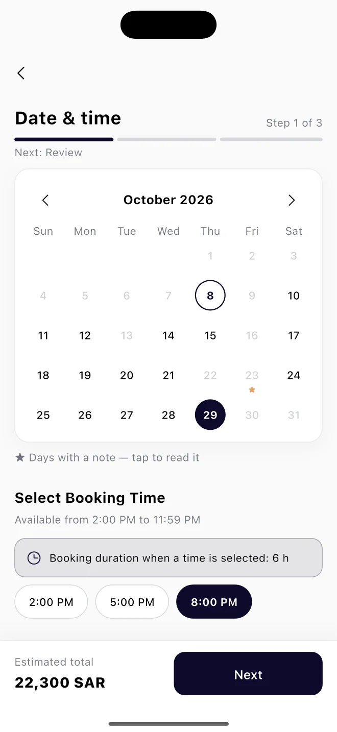 Choosing a date on the package calendar